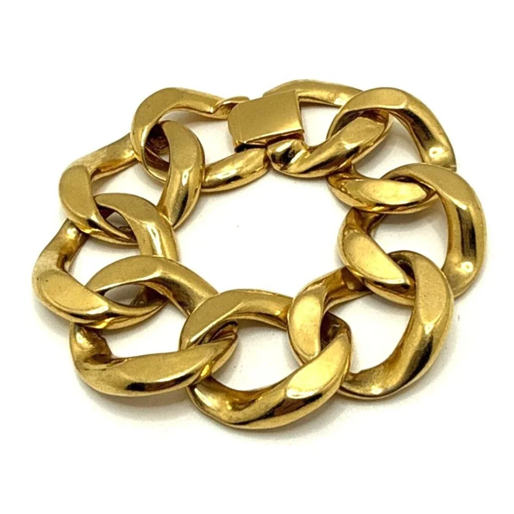 Vintage Chunky Curb Cuban Chain Link Bracelet Gold Tone 1980s Statement 8